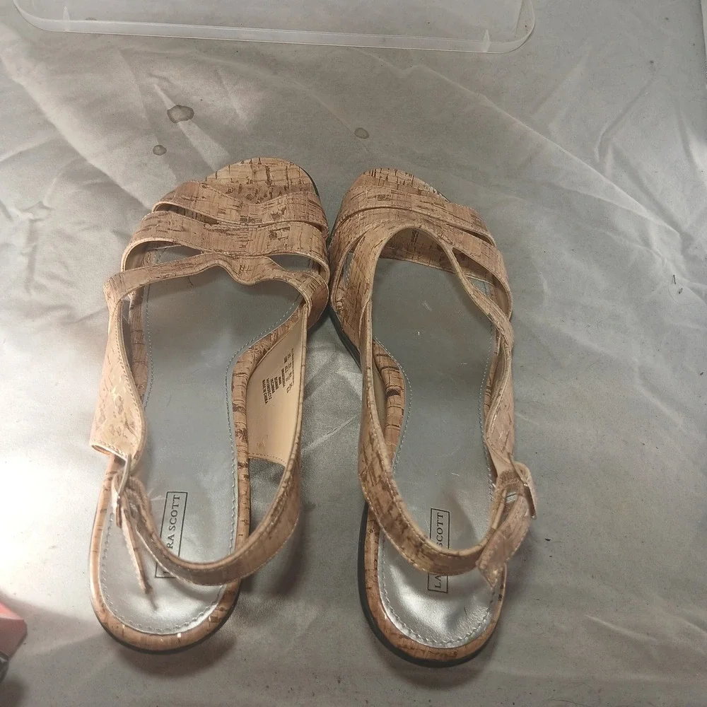 Laura Scott Bonnie Slingback Sandals 10M Tan Cork Texture Heel Coastal Boho Chic